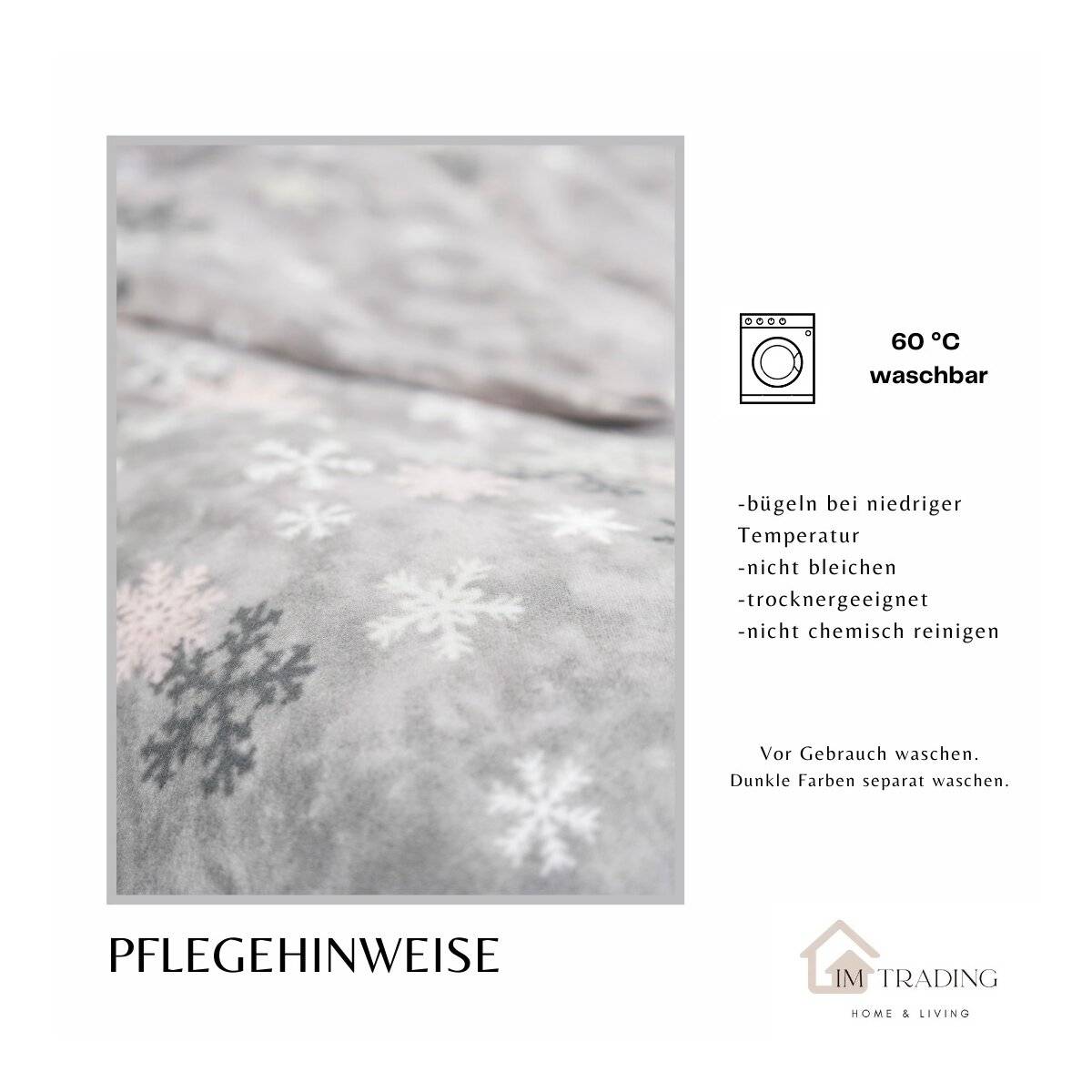 Fleece Bettwäsche aus 100% Polyester Bezug mit Schneeflockenmotiv in Grau 240x220 cm