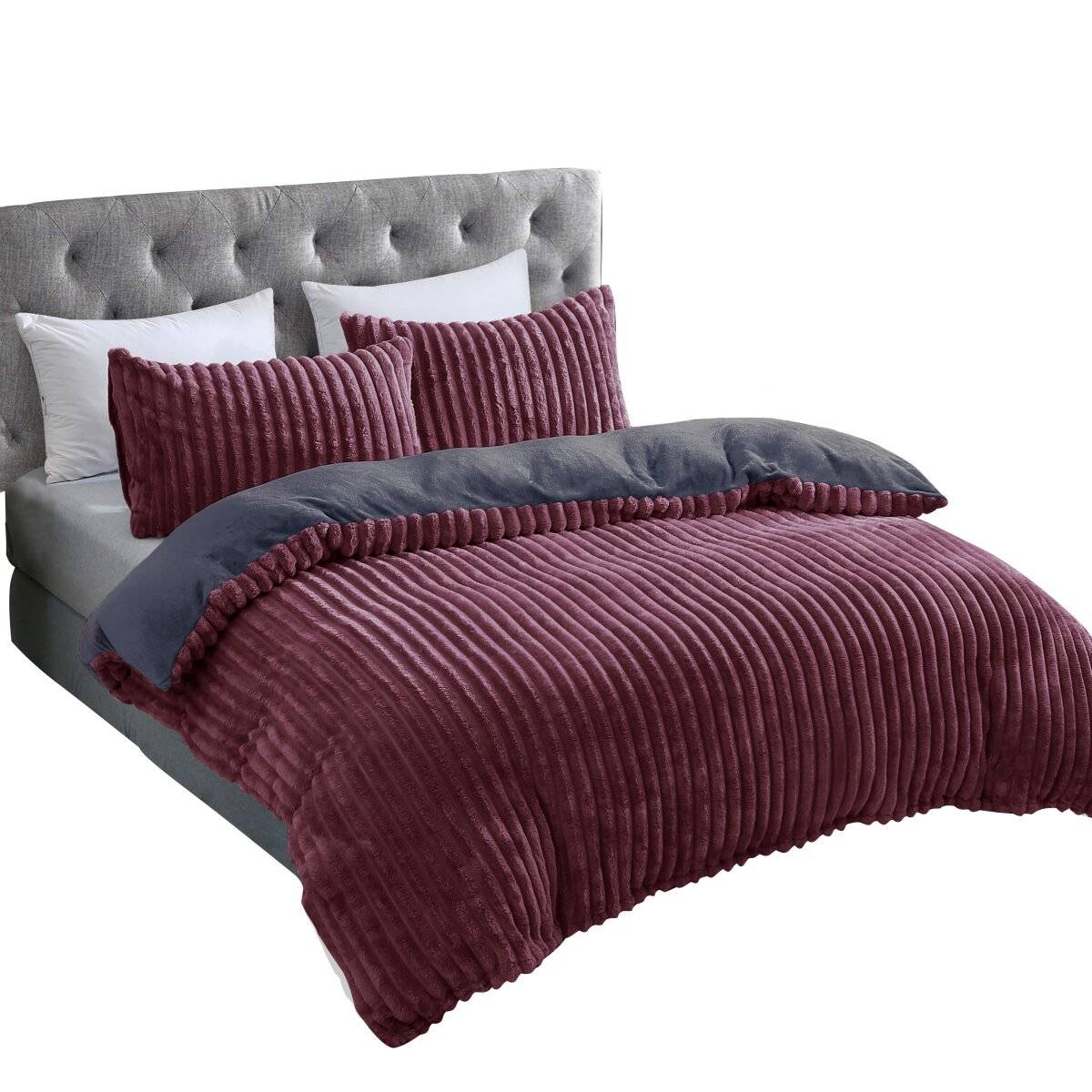Plüsch Bettwäsche in Cord-Optik Wendebettwäsche mit Reißverschluss Anthrazit-Bordeaux 155x200 cm