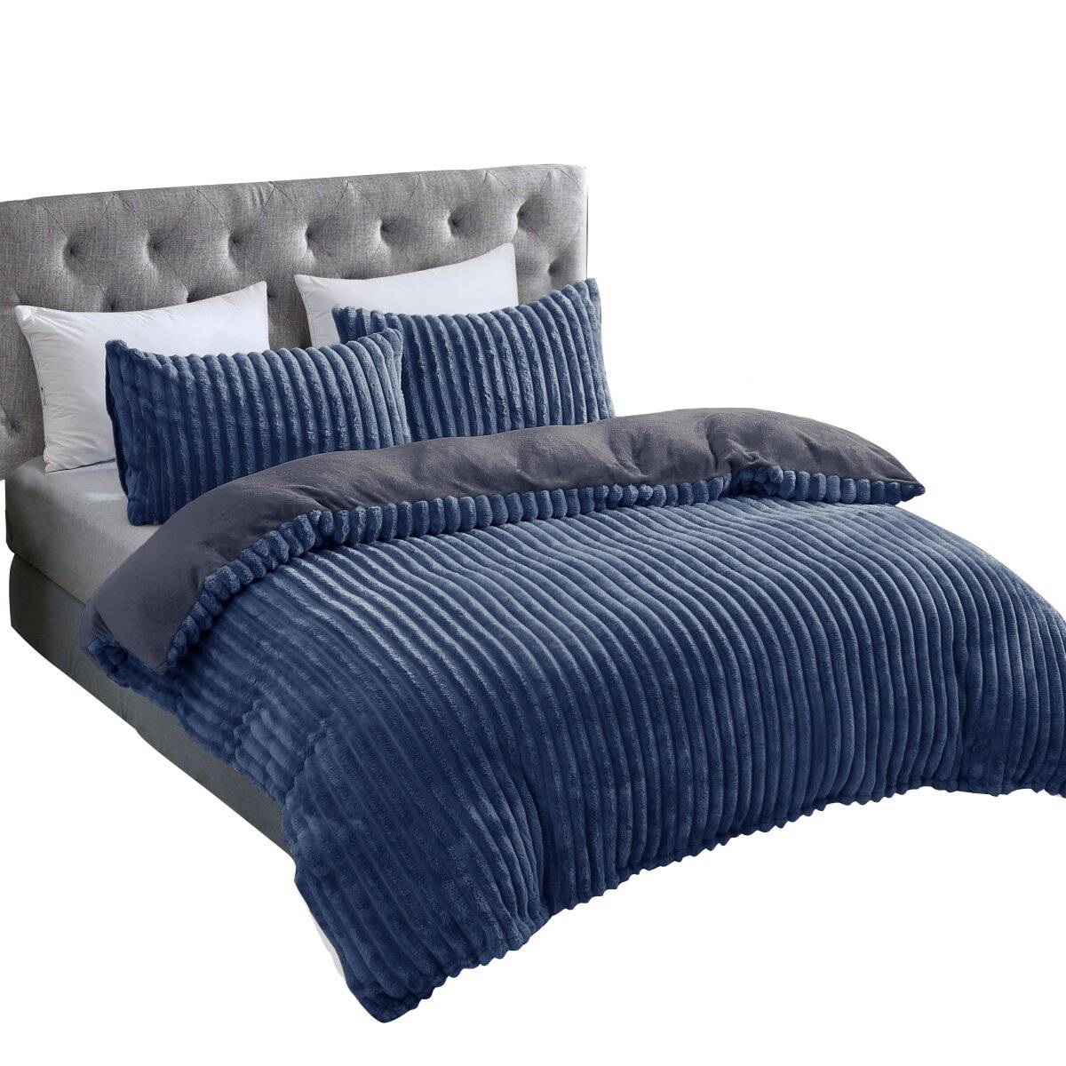 Plüsch Bettwäsche in Cord-Optik Wendebettwäsche mit Reißverschluss Anthrazit-Dunkelblau 155x200 cm