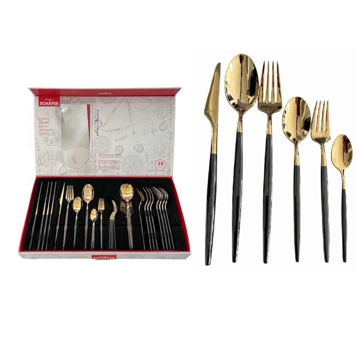 39-Tlg Besteckset für 6 Personen aus Hochwertigem Edelstahl 18/10 Schwarz-Gold