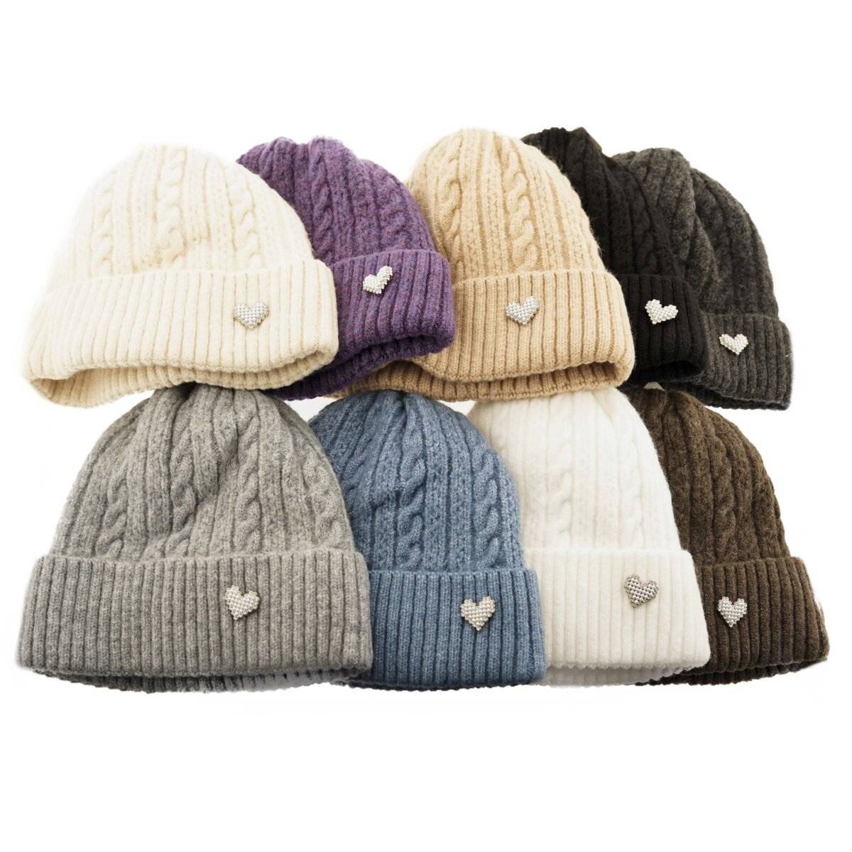 Strickmütze mit Herzmotiv für Damen und Mädchen OneSize mit Flechtmuster Hellbraun