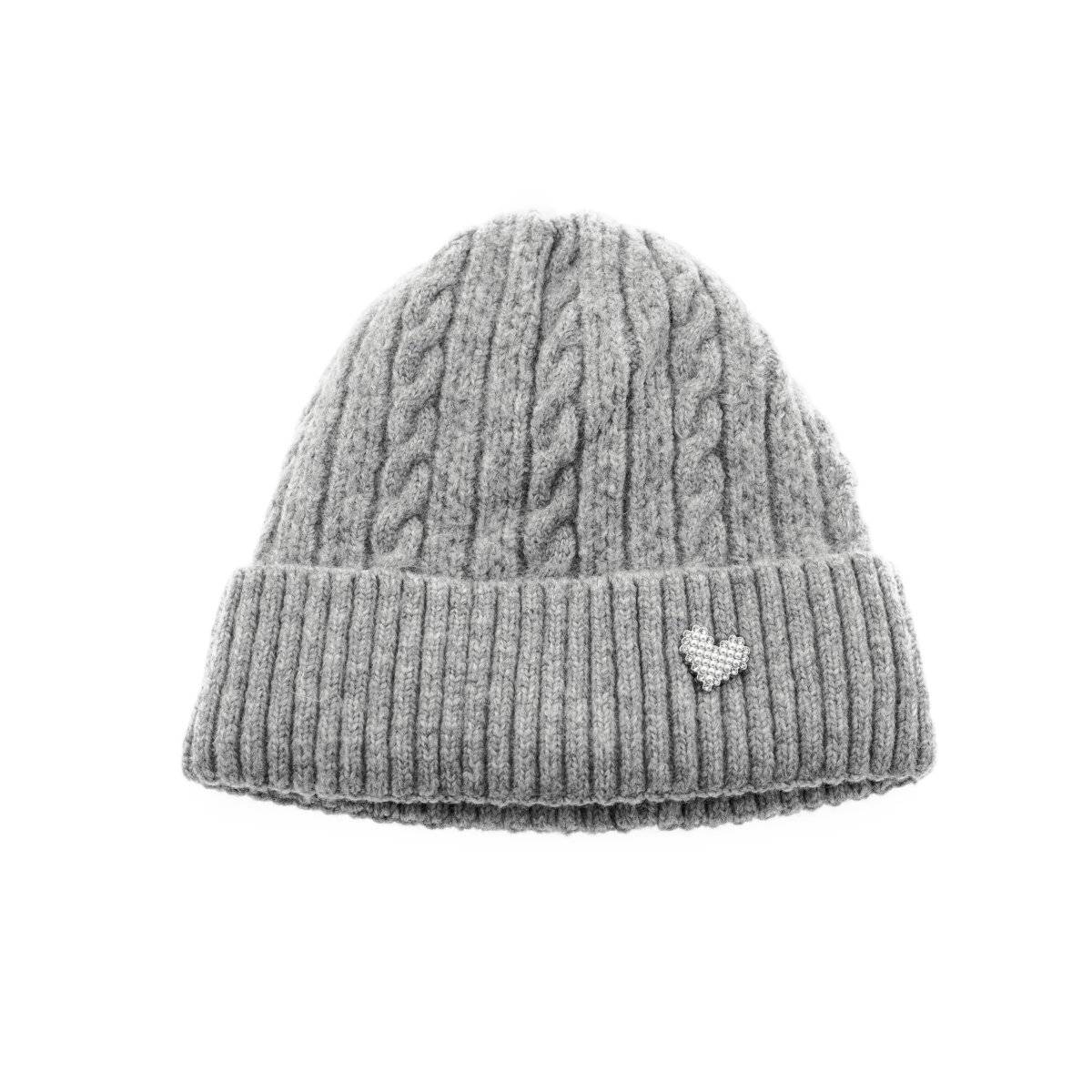 Strickmütze mit Herzmotiv für Damen und Mädchen OneSize mit Flechtmuster Grau