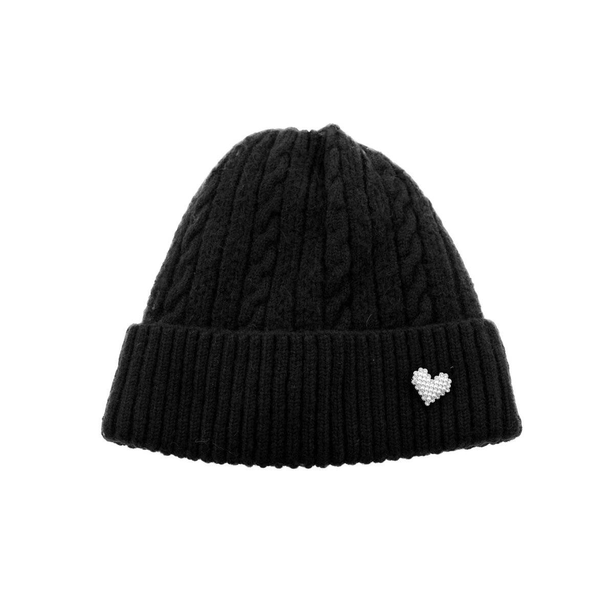 Strickmütze mit Herzmotiv für Damen und Mädchen OneSize mit Flechtmuster Schwarz