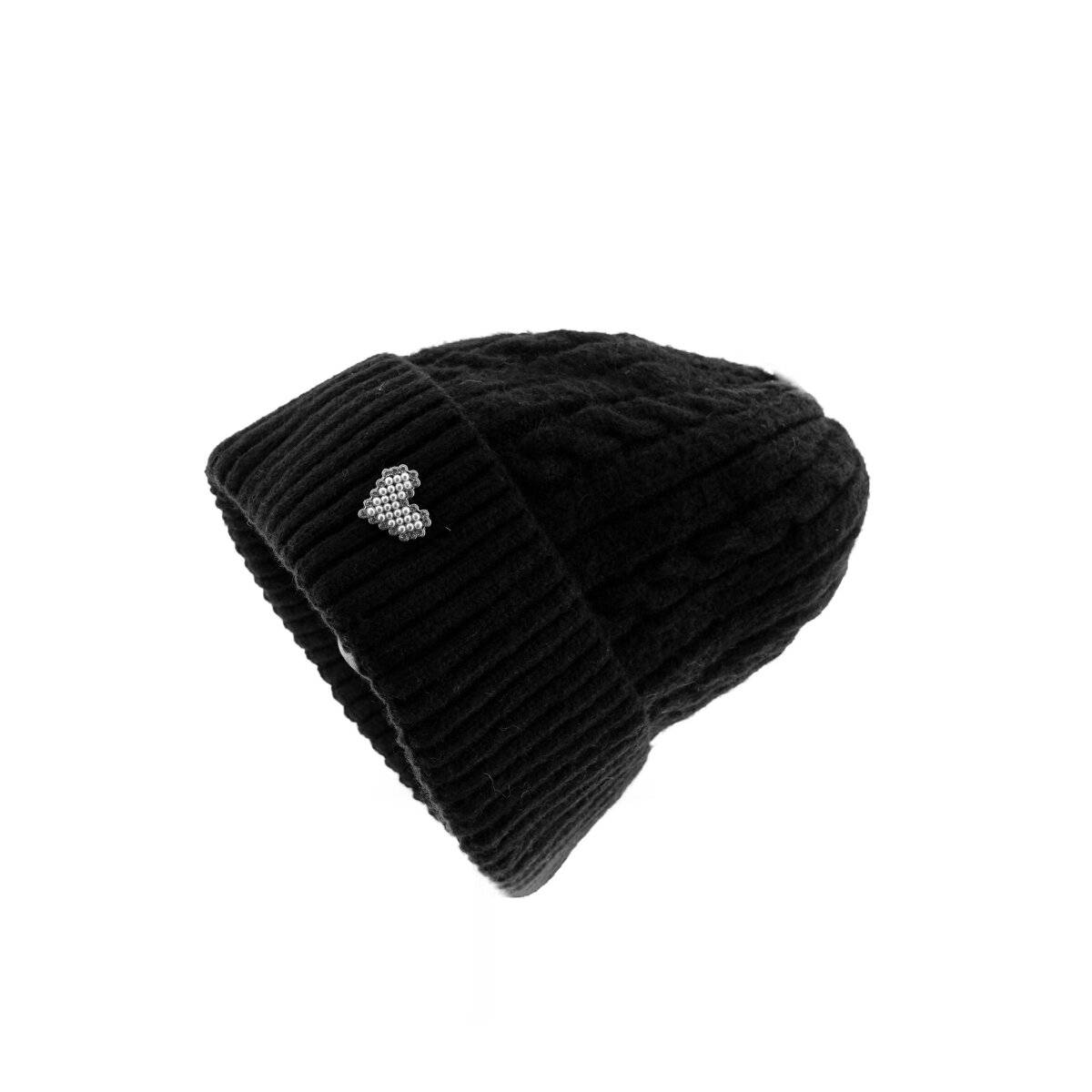 Strickmütze mit Herzmotiv für Damen und Mädchen OneSize mit Flechtmuster Schwarz