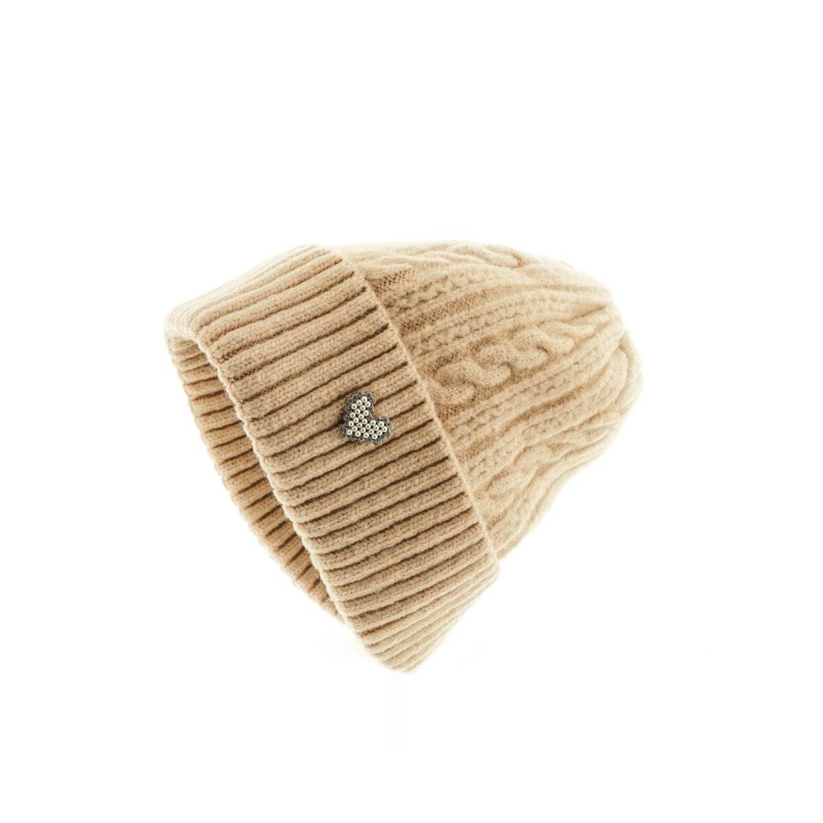 Strickmütze mit Herzmotiv für Damen und Mädchen OneSize mit Flechtmuster Hellbraun