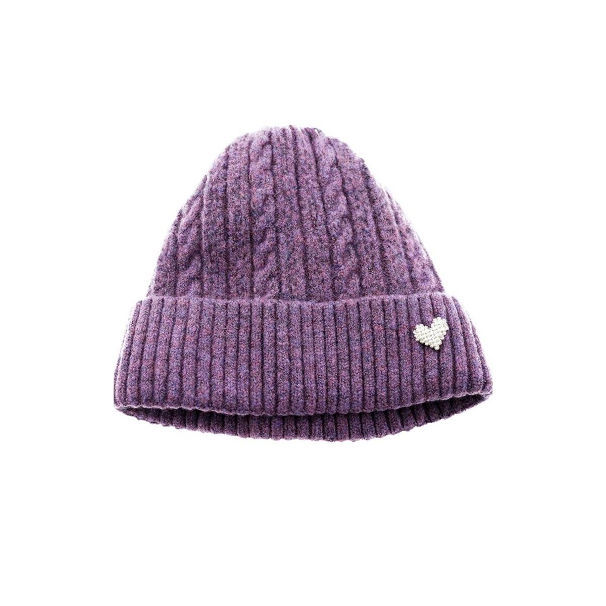 Strickmütze mit Herzmotiv für Damen und Mädchen OneSize mit Flechtmuster Lila