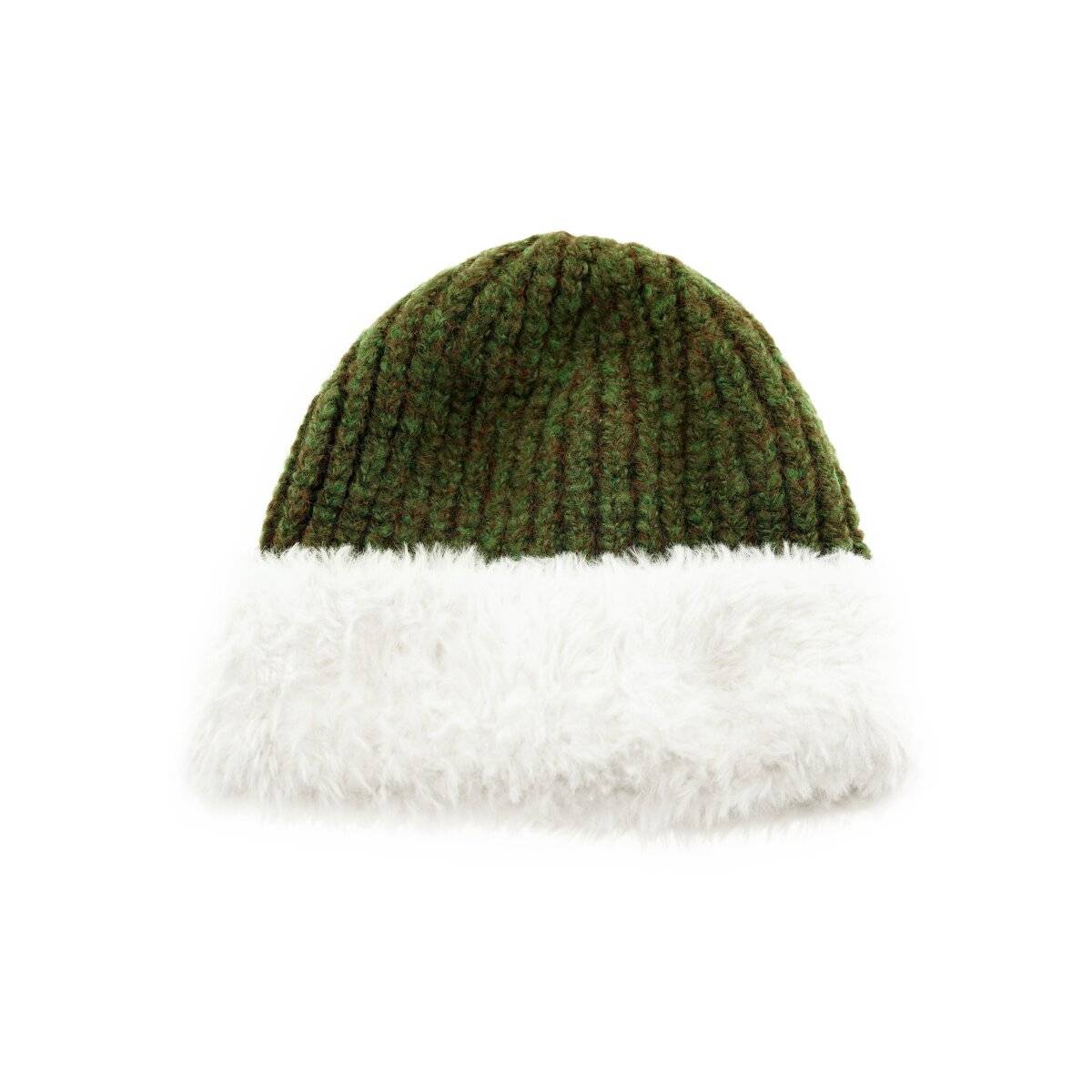 Strickmütze mit weißem Plüsch Wintermütze OneSize für Unisex mit Innenfutter Grün