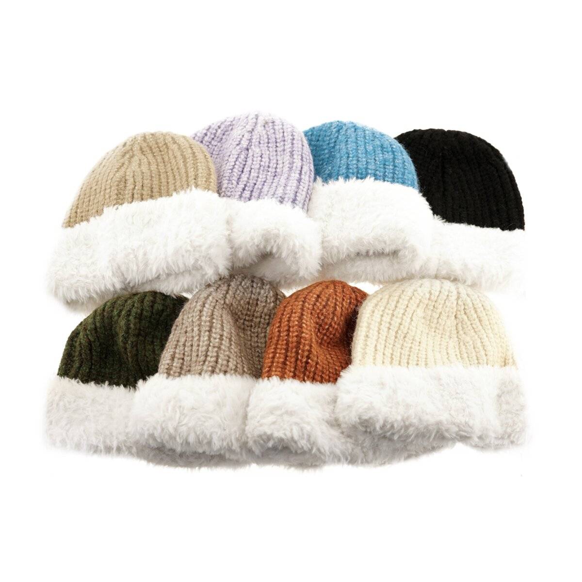 Strickmütze mit weißem Plüsch Wintermütze OneSize für Unisex mit Innenfutter Schwarz