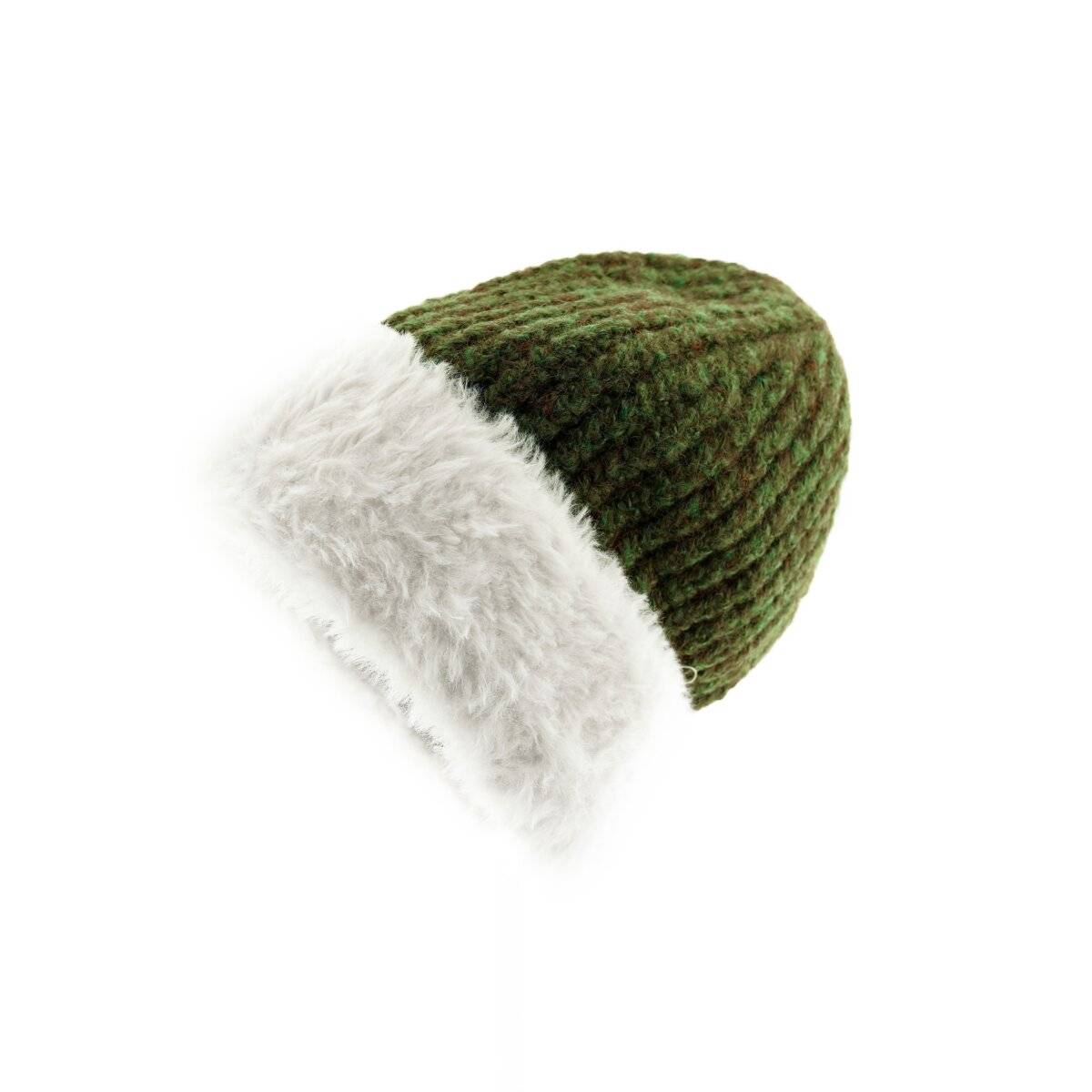 Strickmütze mit weißem Plüsch Wintermütze OneSize für Unisex mit Innenfutter Grün