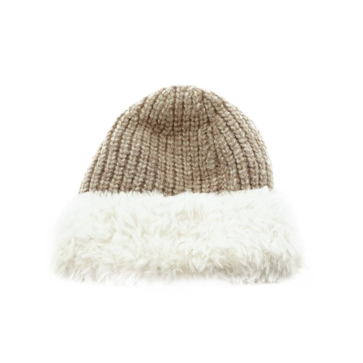 Strickmütze mit weißem Plüsch Wintermütze OneSize für Unisex mit Innenfutter Taupe