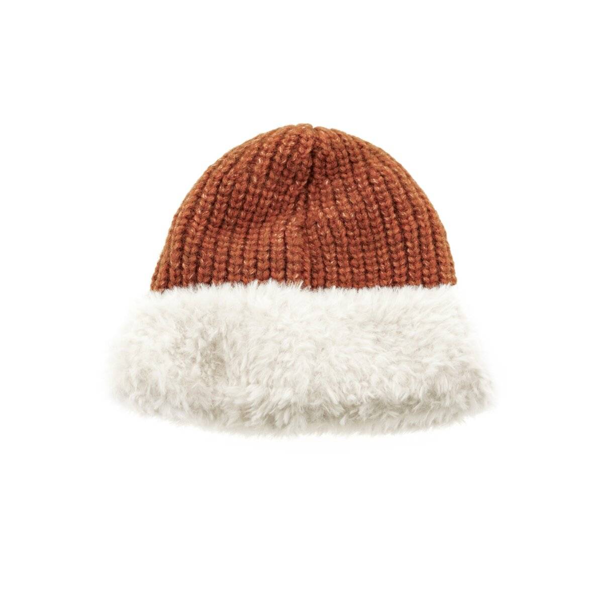 Strickmütze mit weißem Plüsch Wintermütze OneSize für Unisex mit Innenfutter Rostrot
