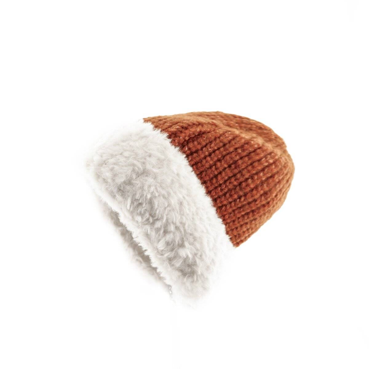 Strickmütze mit weißem Plüsch Wintermütze OneSize für Unisex mit Innenfutter Rostrot