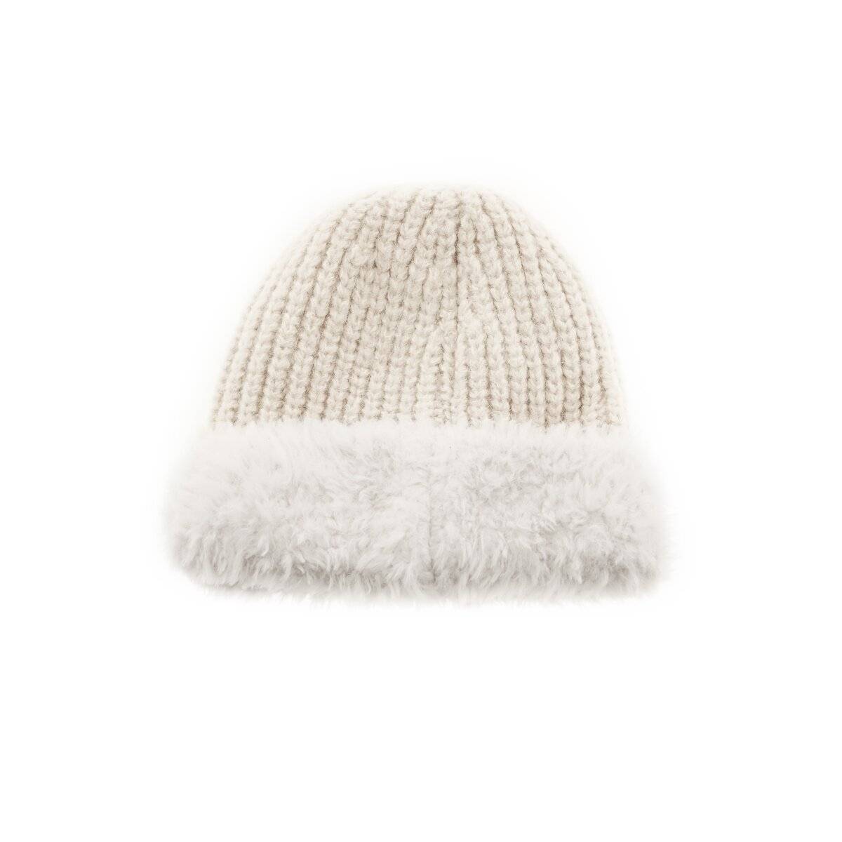 Strickmütze mit weißem Plüsch Wintermütze OneSize für Unisex mit Innenfutter Creme
