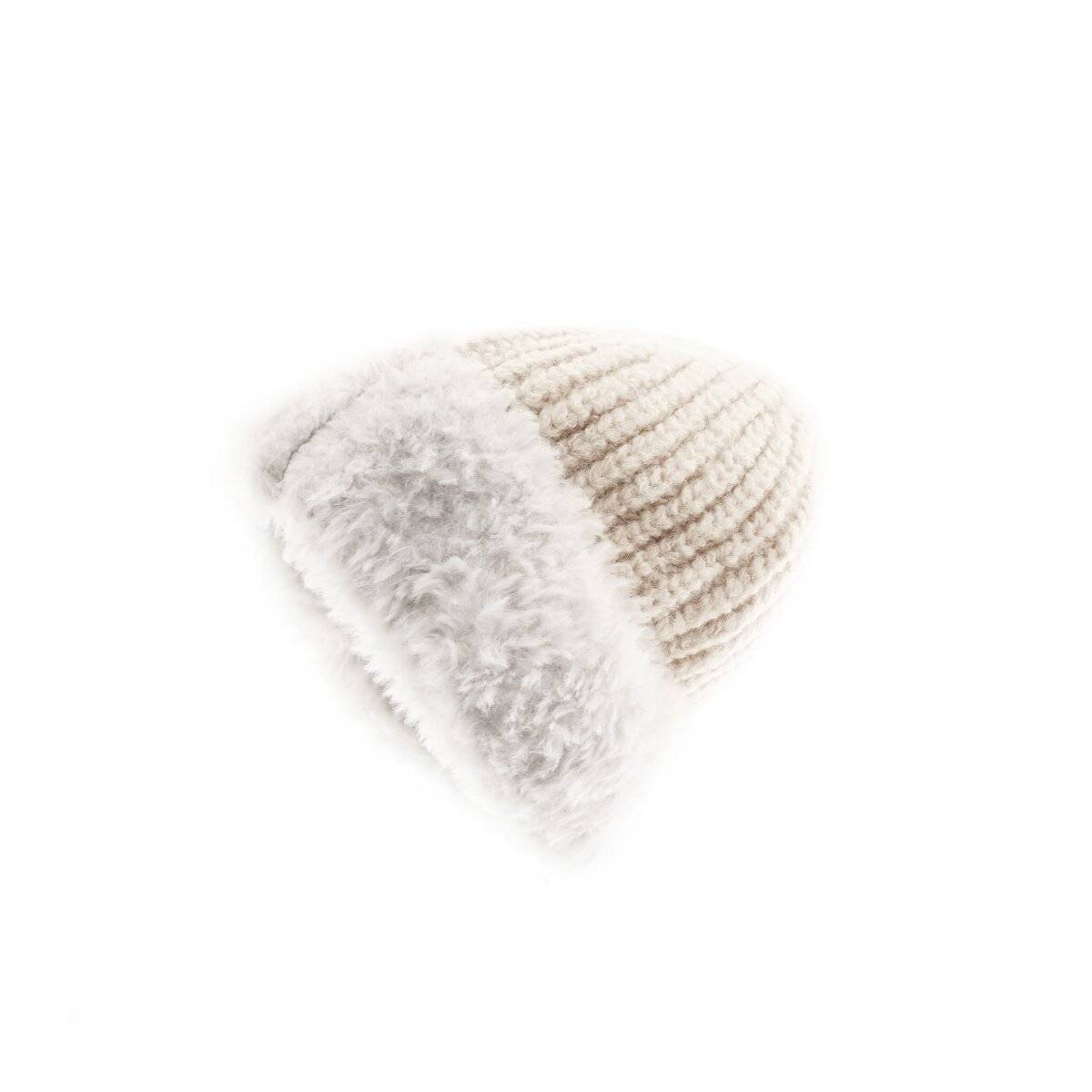 Strickmütze mit weißem Plüsch Wintermütze OneSize für Unisex mit Innenfutter Creme