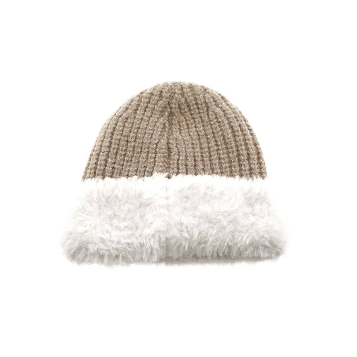Strickmütze mit weißem Plüsch Wintermütze OneSize für Unisex mit Innenfutter Hellbraun