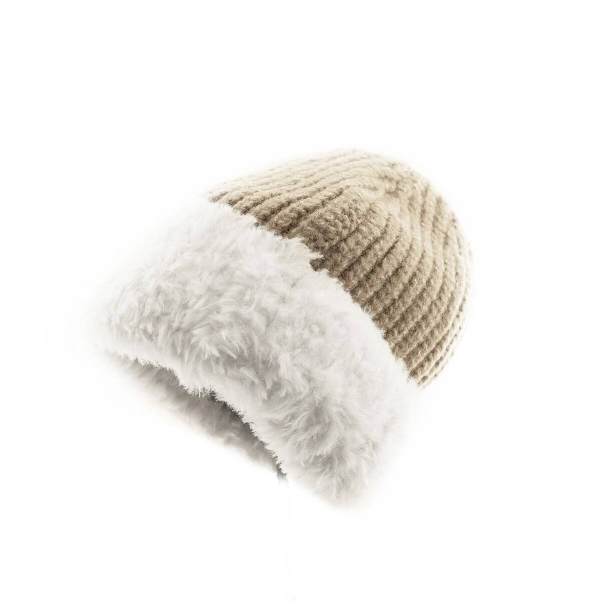 Strickmütze mit weißem Plüsch Wintermütze OneSize für Unisex mit Innenfutter Hellbraun
