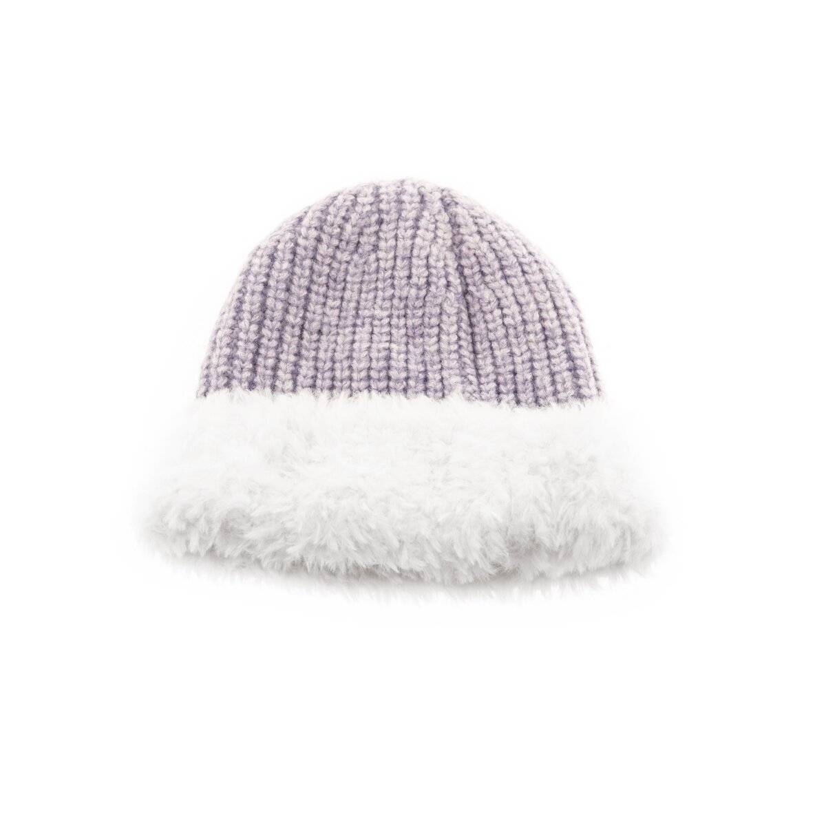 Strickmütze mit weißem Plüsch Wintermütze OneSize für Unisex mit Innenfutter Lila