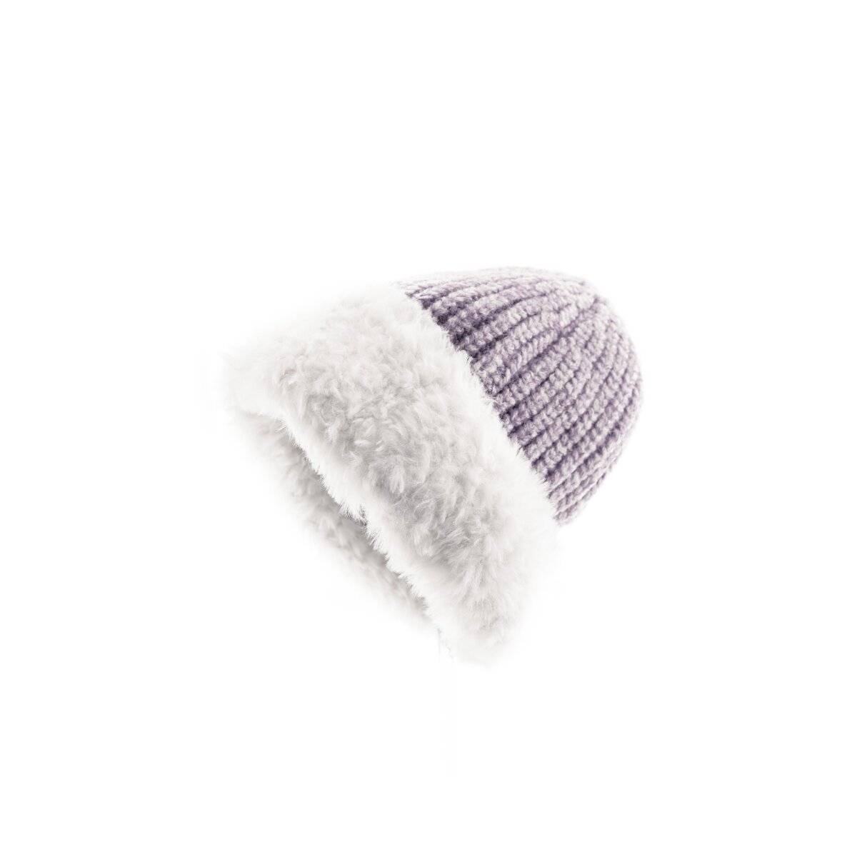 Strickmütze mit weißem Plüsch Wintermütze OneSize für Unisex mit Innenfutter Lila