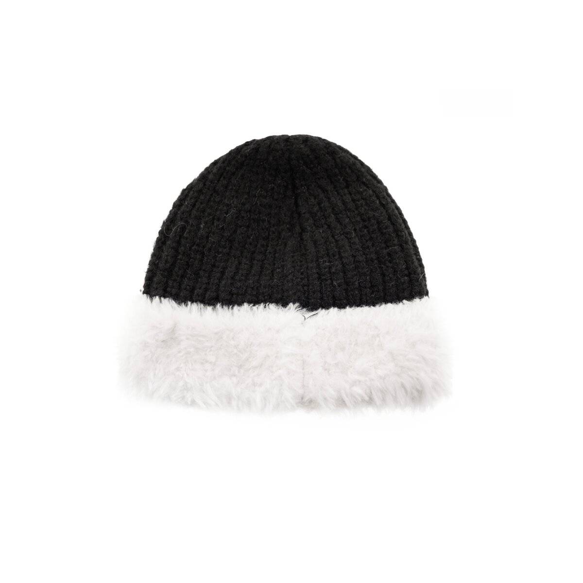 Strickmütze mit weißem Plüsch Wintermütze OneSize für Unisex mit Innenfutter Schwarz
