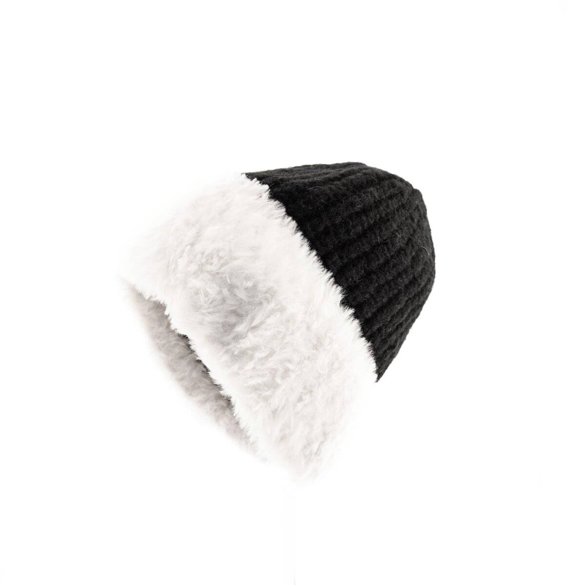 Strickmütze mit weißem Plüsch Wintermütze OneSize für Unisex mit Innenfutter Schwarz