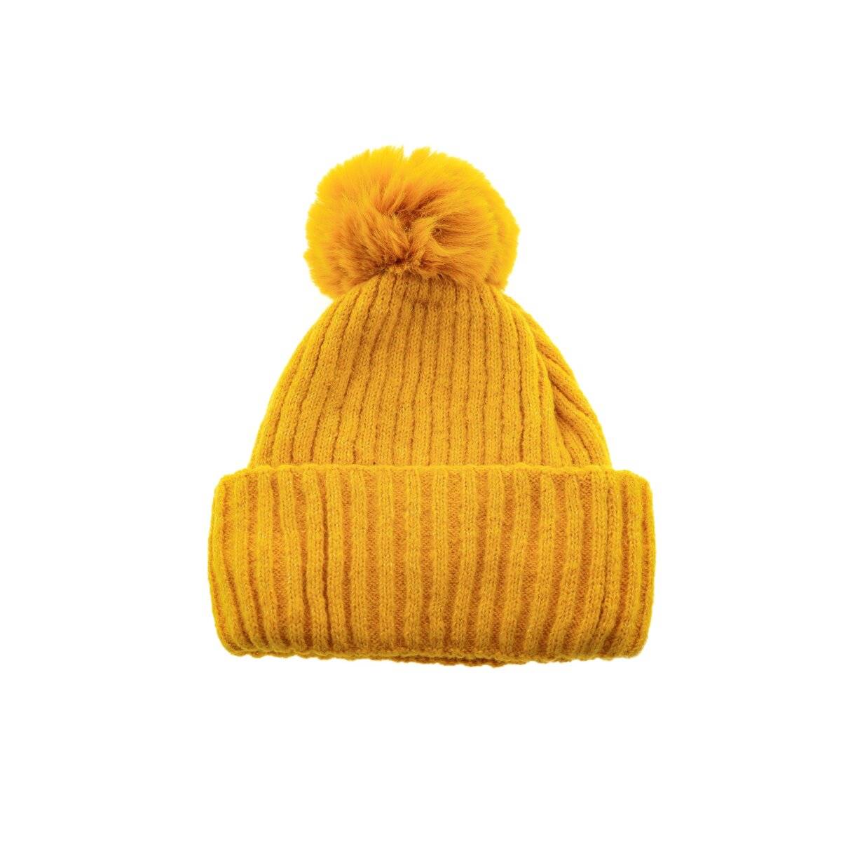 Bommelmütze mit Innenfutter Strickmütze zum Warmhalten im Herbst und Winter Senfgelb