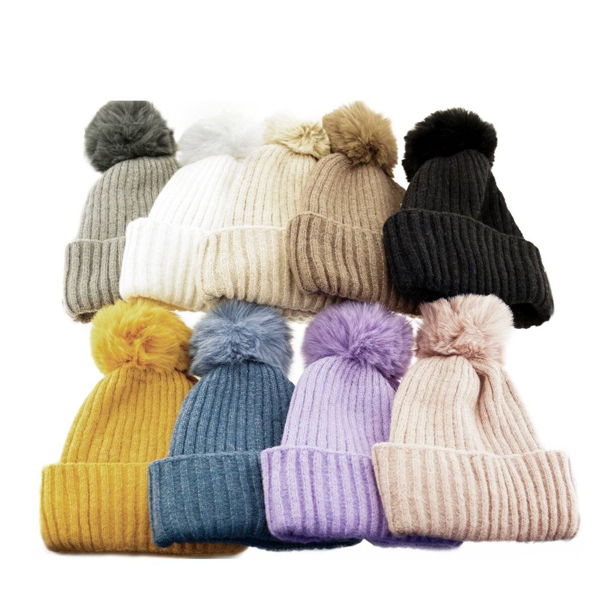 Bommelmütze mit Innenfutter Strickmütze zum Warmhalten im Herbst und Winter Beige