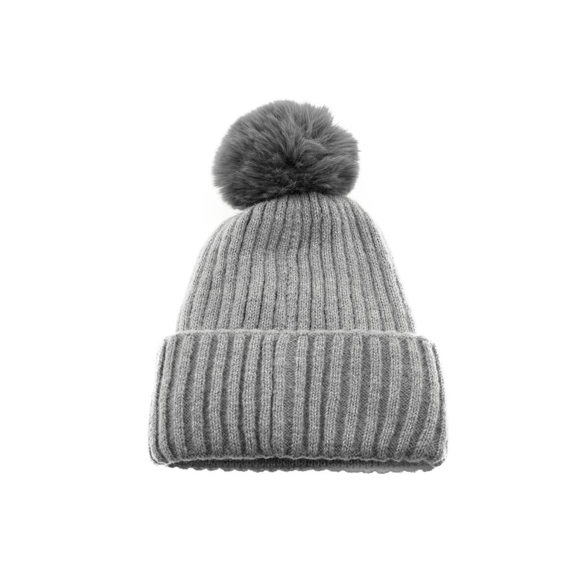 Bommelmütze mit Innenfutter Strickmütze zum Warmhalten im Herbst und Winter Grau