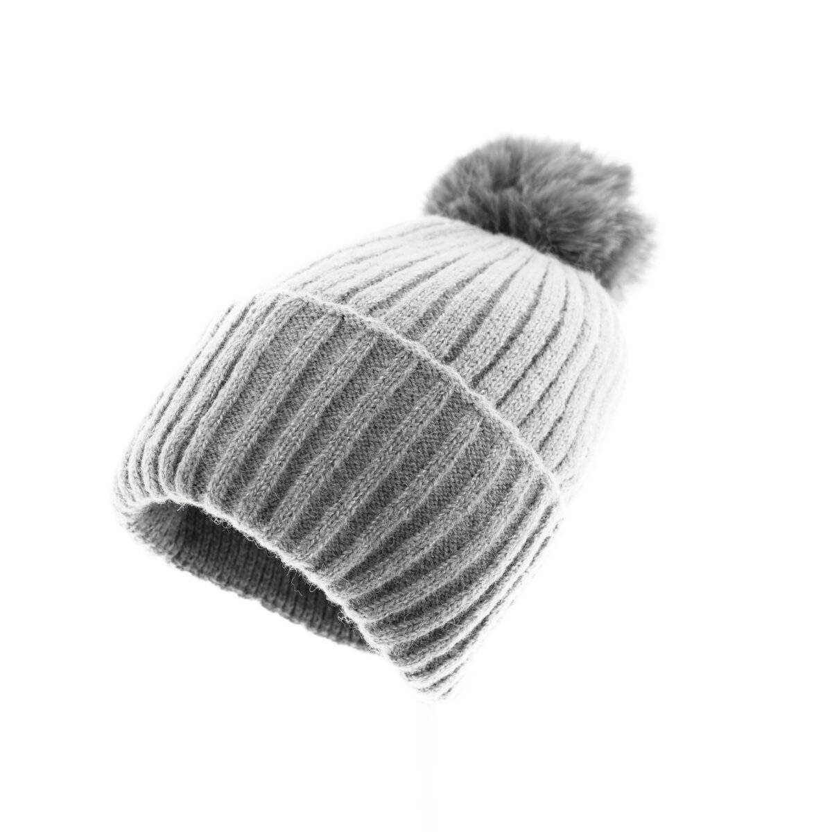 Bommelmütze mit Innenfutter Strickmütze zum Warmhalten im Herbst und Winter Grau