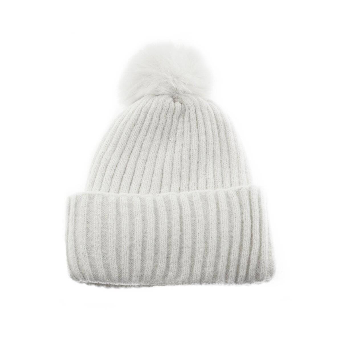 Bommelmütze mit Innenfutter Strickmütze zum Warmhalten im Herbst und Winter Weiß