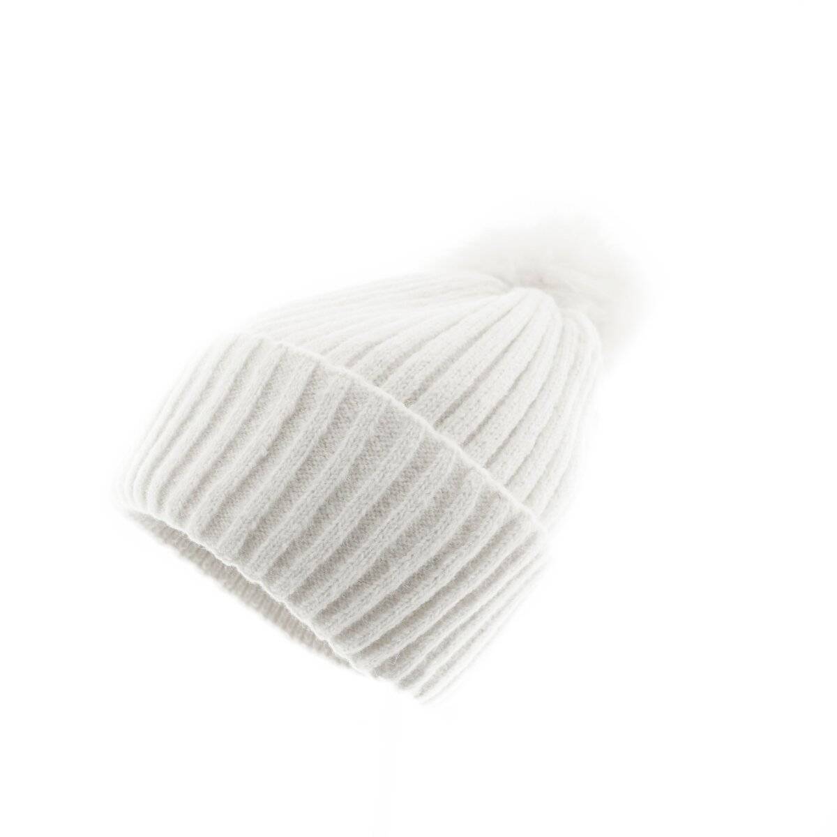 Bommelmütze mit Innenfutter Strickmütze zum Warmhalten im Herbst und Winter Weiß