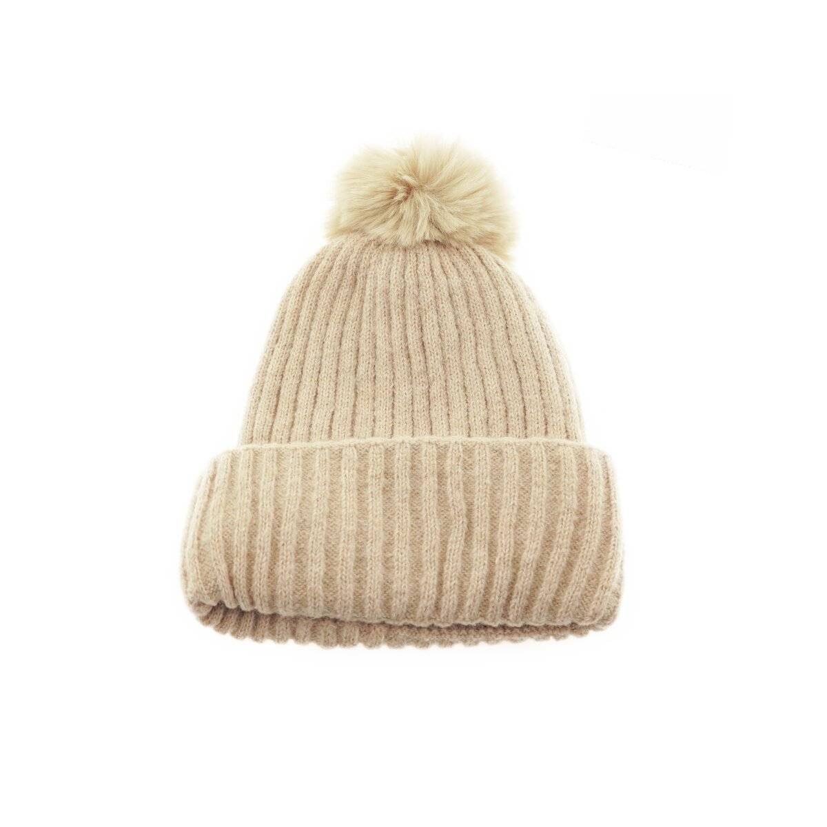 Bommelmütze mit Innenfutter Strickmütze zum Warmhalten im Herbst und Winter Beige