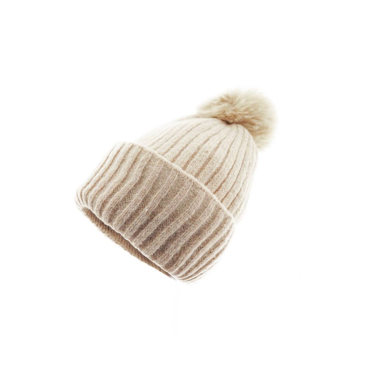 Bommelmütze mit Innenfutter Strickmütze zum Warmhalten im Herbst und Winter Beige