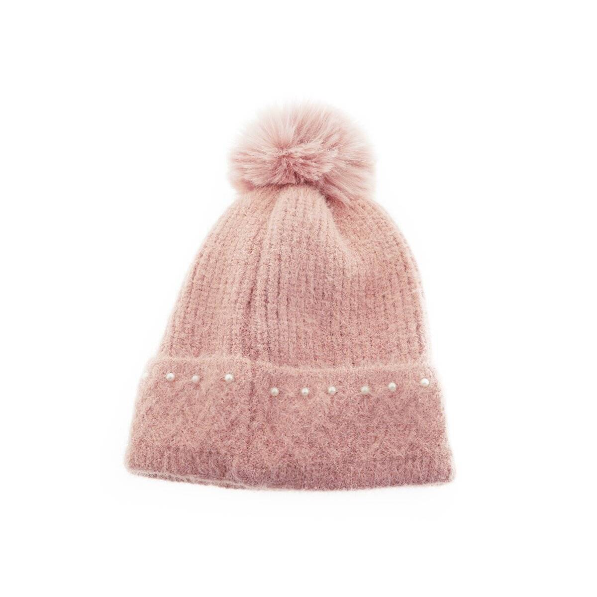 Bommelmütze mit Perlen bestickt Strickmütze mit Innenfutter für Damen OneSize Rosa