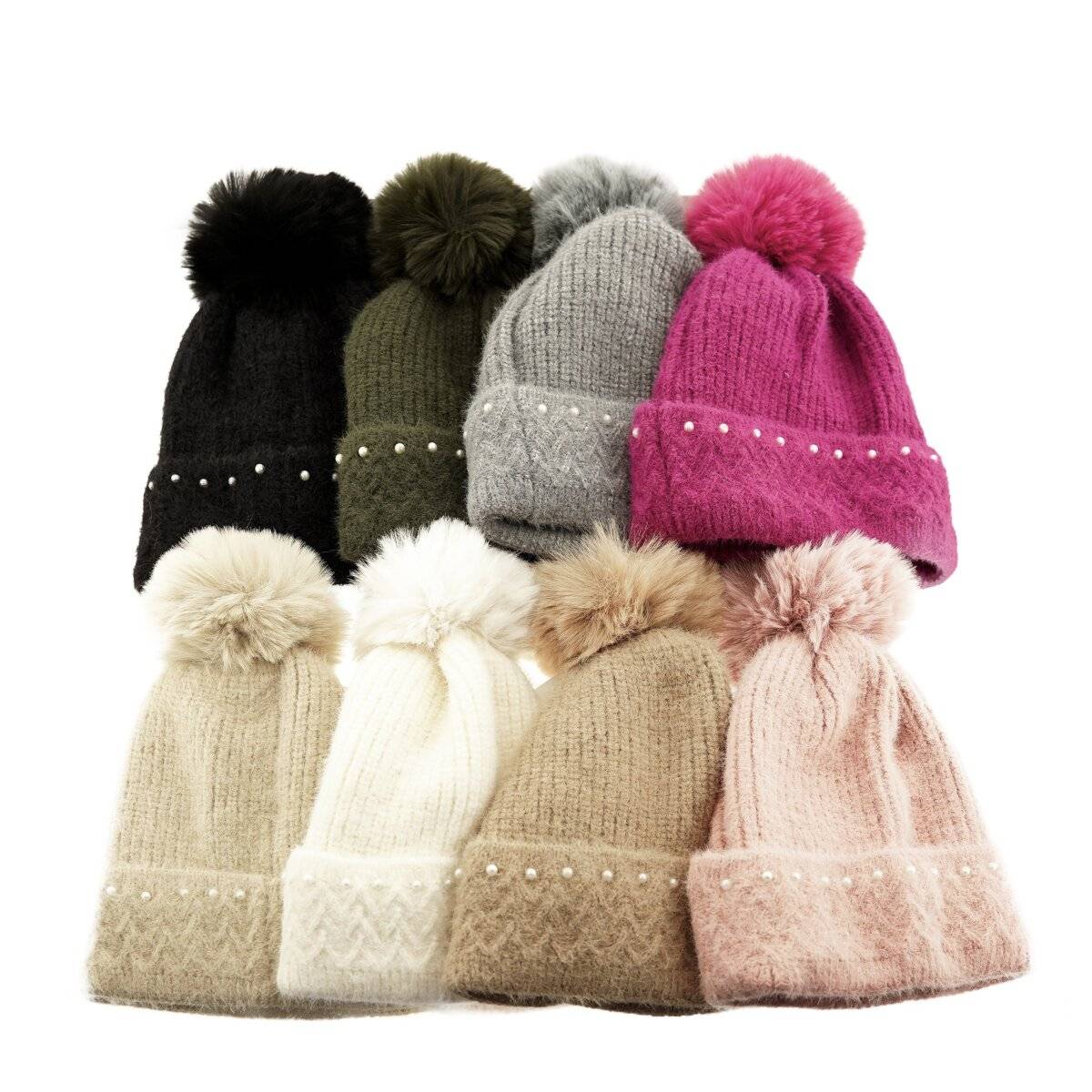 Bommelmütze mit Perlen bestickt Strickmütze mit Innenfutter für Damen OneSize Cremeweiß