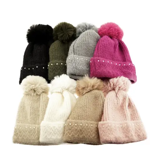 Bommelmütze mit Perlen bestickt Strickmütze mit Innenfutter für Damen OneSize Cremeweiß Bommelmütze mit Perlen bestickt Strickmütze mit Innenfutter für Damen OneSize Cremeweiß