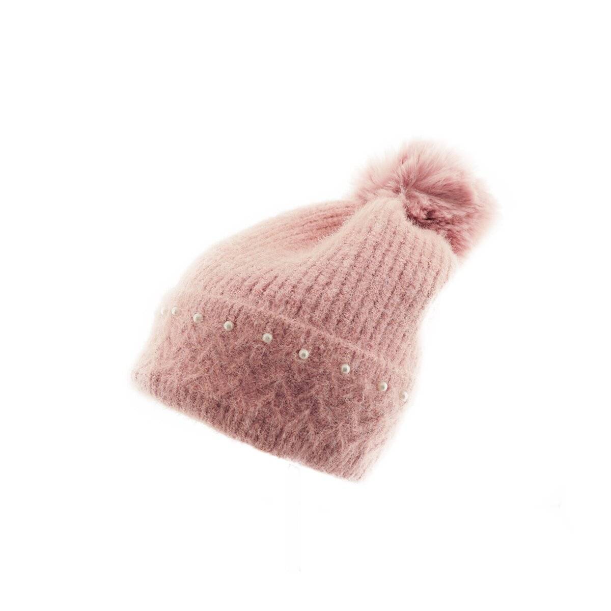 Bommelmütze mit Perlen bestickt Strickmütze mit Innenfutter für Damen OneSize Rosa