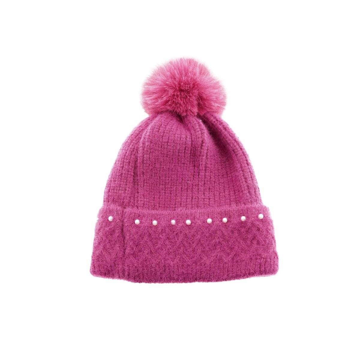 Bommelmütze mit Perlen bestickt Strickmütze mit Innenfutter für Damen OneSize Pink