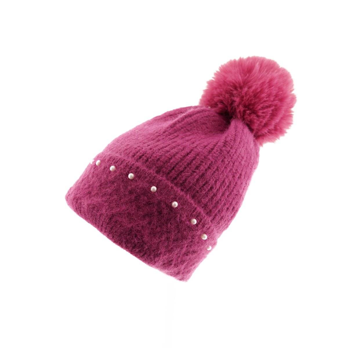 Bommelmütze mit Perlen bestickt Strickmütze mit Innenfutter für Damen OneSize Pink