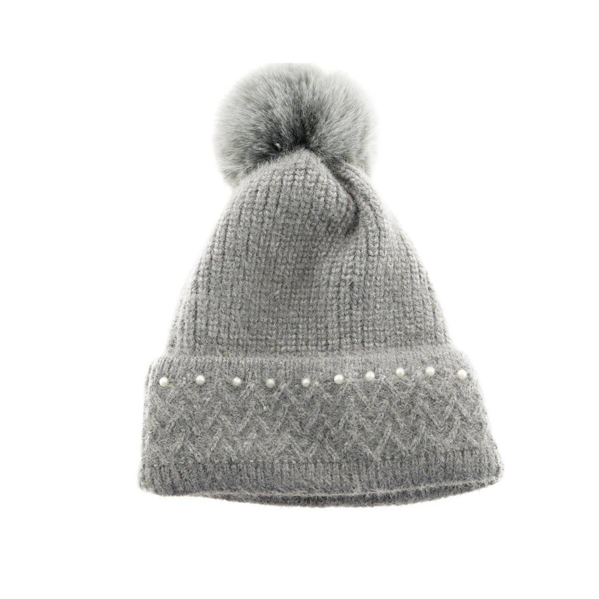 Bommelmütze mit Perlen bestickt Strickmütze mit Innenfutter für Damen OneSize Grau