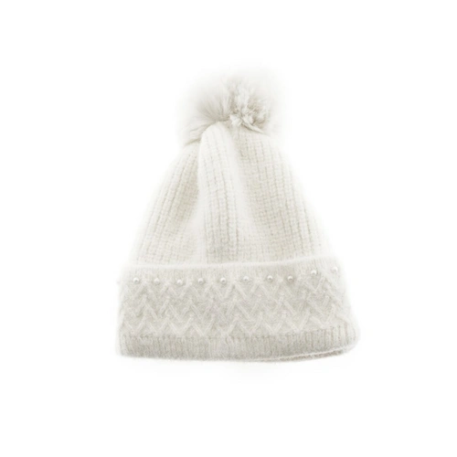 Bommelmütze mit Perlen bestickt Strickmütze mit Innenfutter für Damen OneSize Cremeweiß Bommelmütze mit Perlen bestickt Strickmütze mit Innenfutter für Damen OneSize Cremeweiß