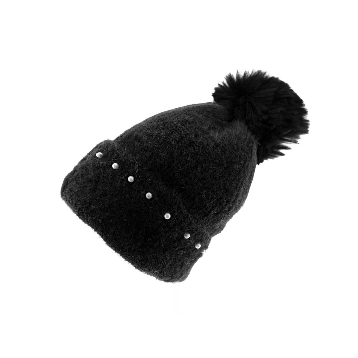 Bommelmütze mit Perlen bestickt Strickmütze mit Innenfutter für Damen OneSize Schwarz