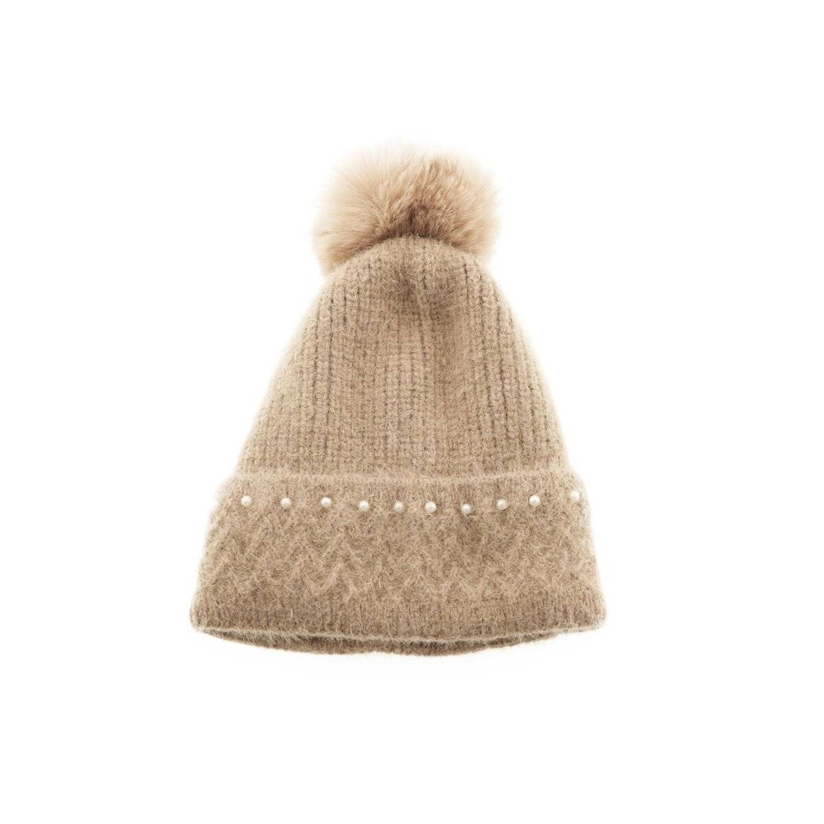Bommelmütze mit Perlen bestickt Strickmütze mit Innenfutter für Damen OneSize Braun