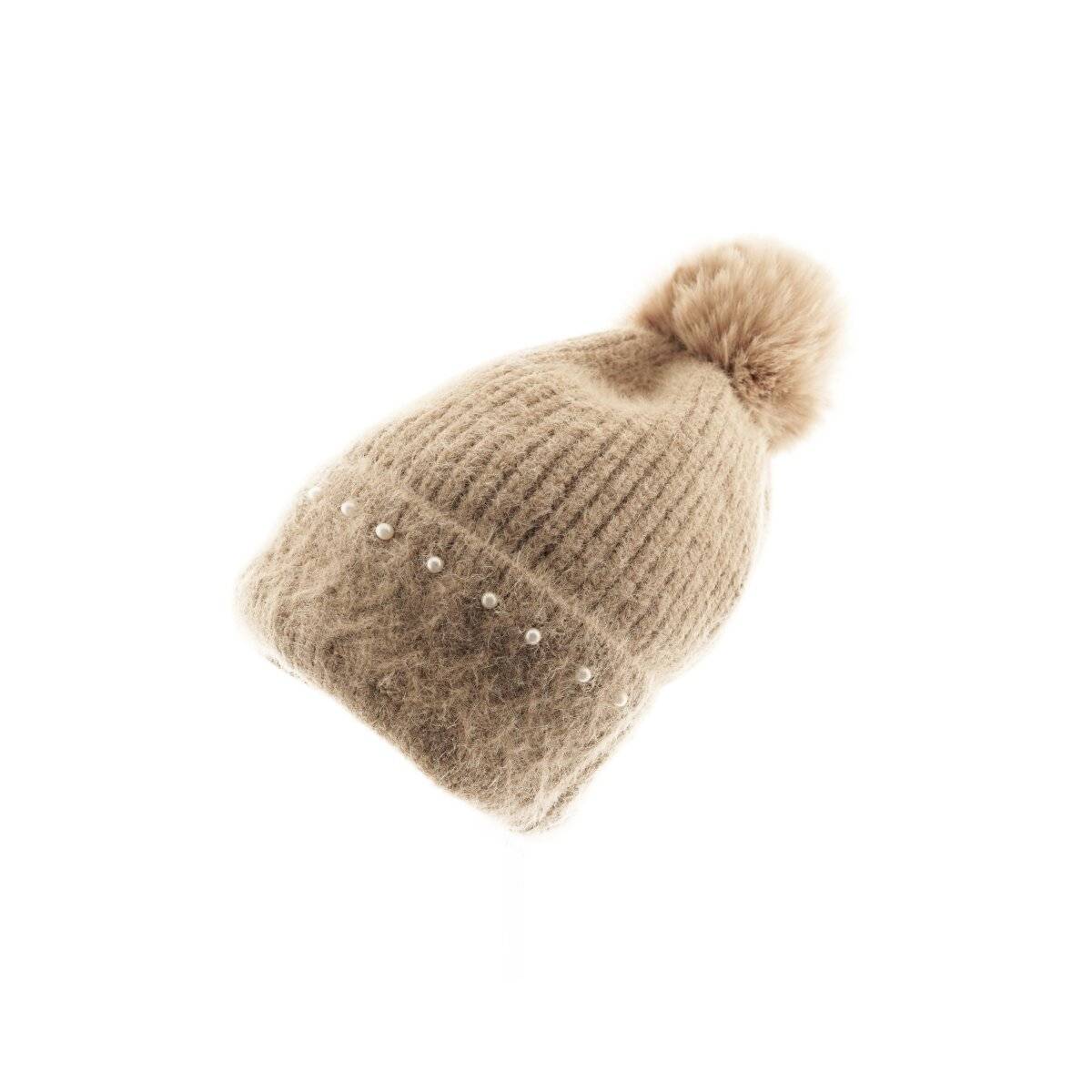 Bommelmütze mit Perlen bestickt Strickmütze mit Innenfutter für Damen OneSize Braun