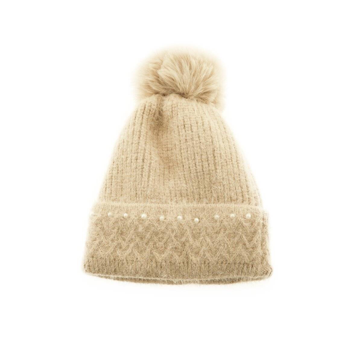 Bommelmütze mit Perlen bestickt Strickmütze mit Innenfutter für Damen OneSize Beige