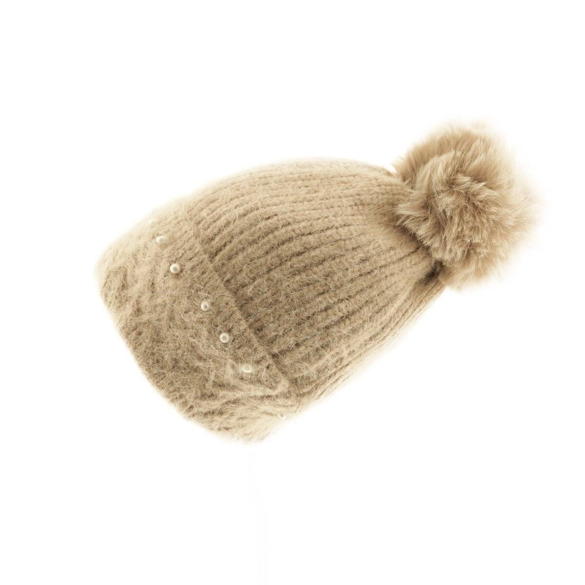 Bommelmütze mit Perlen bestickt Strickmütze mit Innenfutter für Damen OneSize Beige