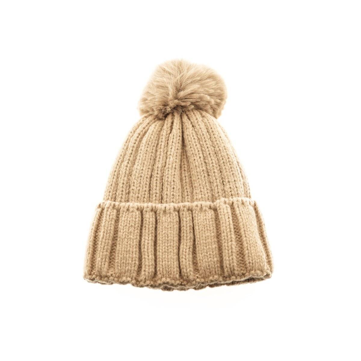 Strickmütze mit Innenfutter für kalte Winter- Herbsttage Bommelmütze Wintermütze Braun