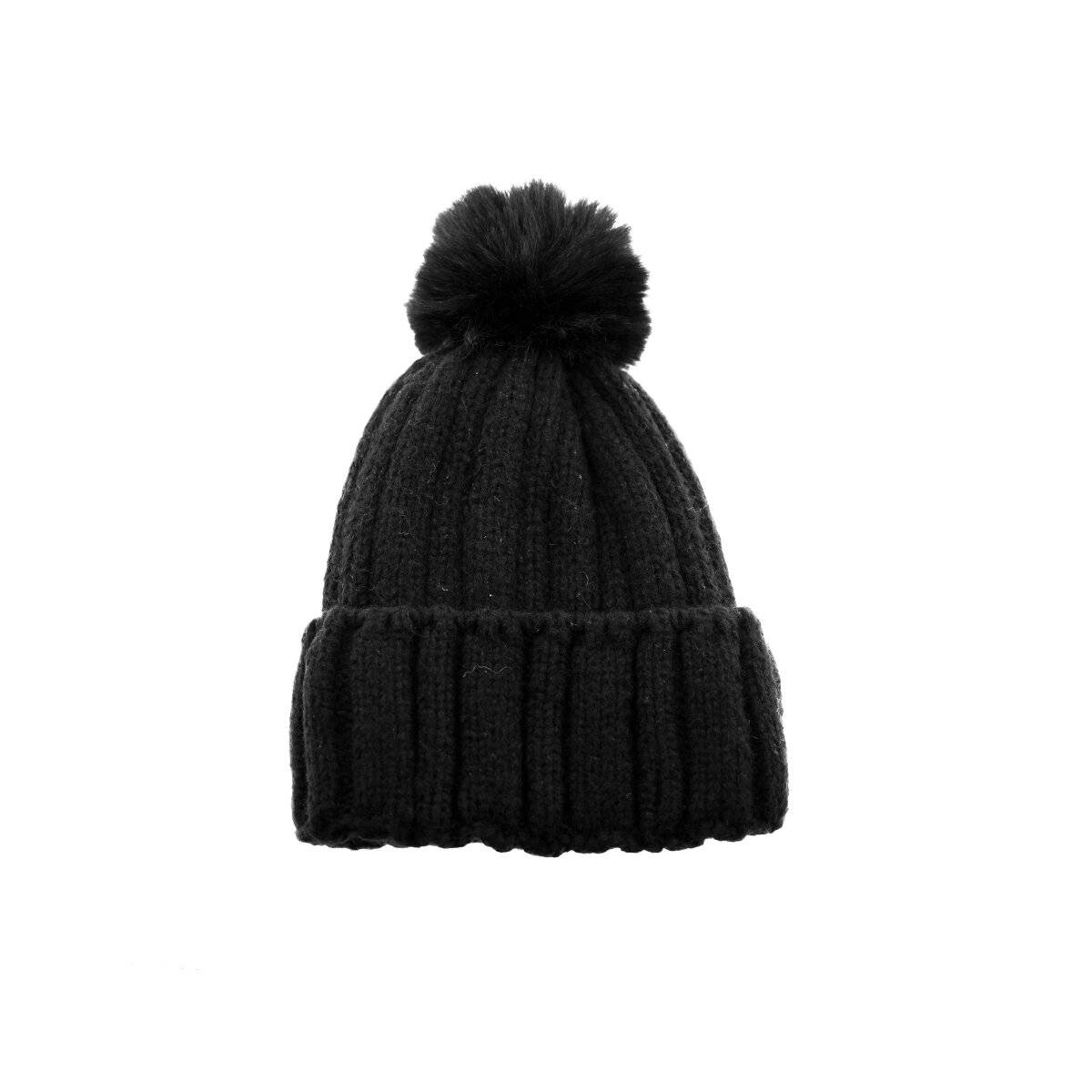 Strickmütze mit Innenfutter für kalte Winter- Herbsttage Bommelmütze Wintermütze Schwarz