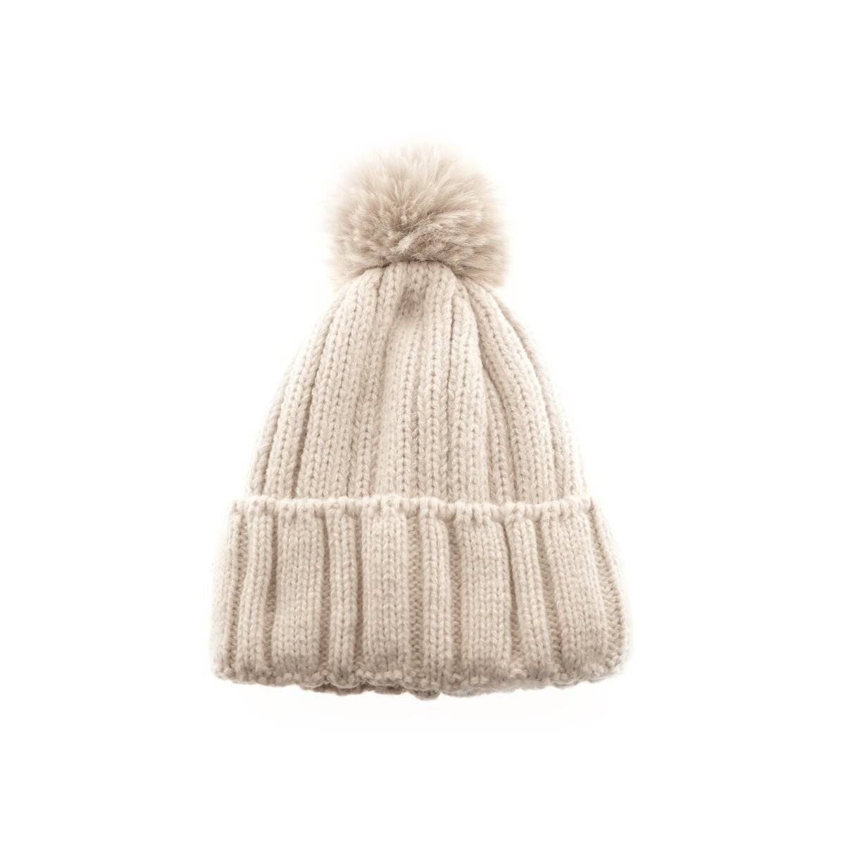 Strickmütze mit Innenfutter für kalte Winter- Herbsttage Bommelmütze Wintermütze Beige