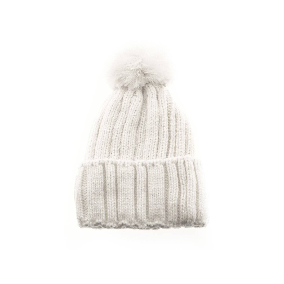 Strickmütze mit Innenfutter für kalte Winter- Herbsttage Bommelmütze Wintermütze Cremeweiß