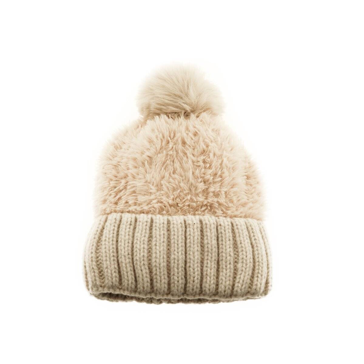 Wintermütze mit Plüsch Bommelmütze mit Innenfutter Unisex Mütze OneSize Beige